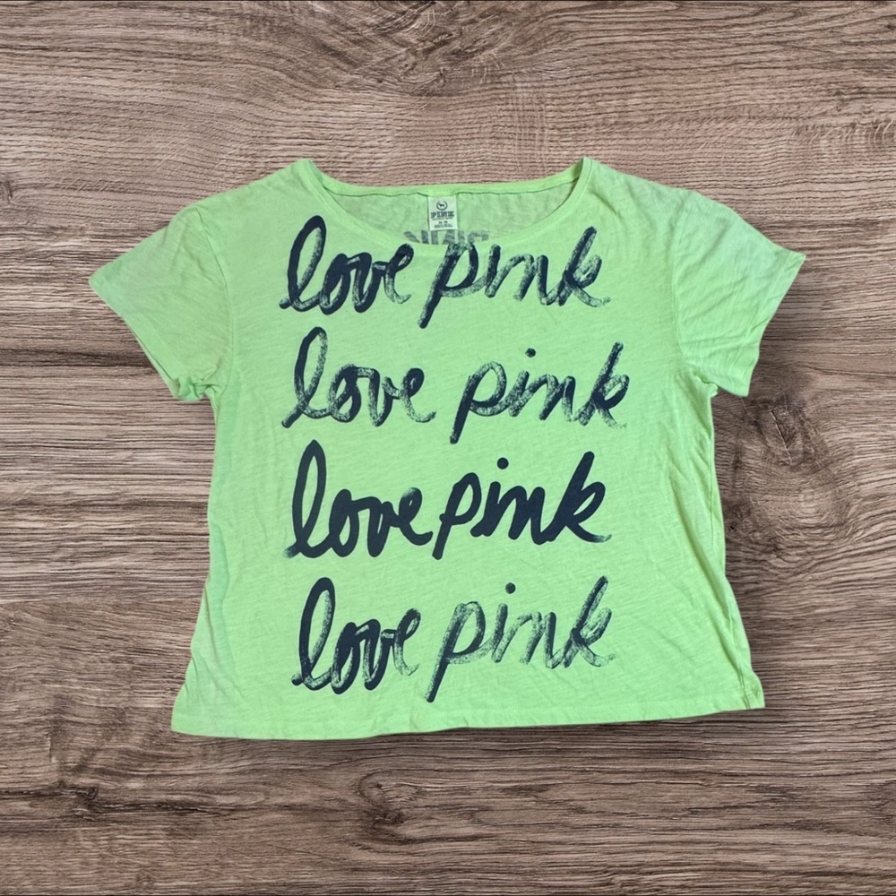 Victoria’s Secret PINk Y2K Green Graphic Crop Top 'Love Pink' Print in Blue Sz M